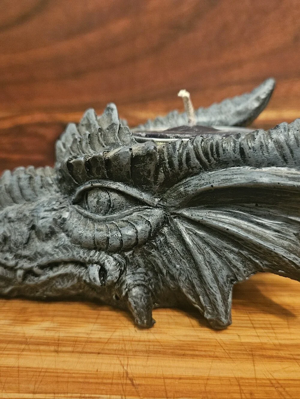 Gothic Dragon Head Tealight Candle Holder | 5” Grey Stone Finish Resin Figurine